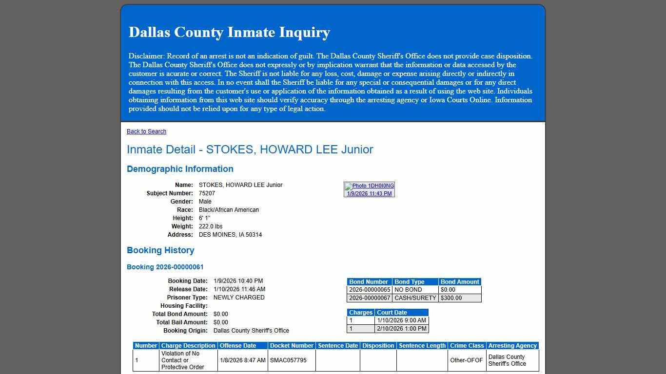 Inmate Detail - STOKES, HOWARD LEE Junior